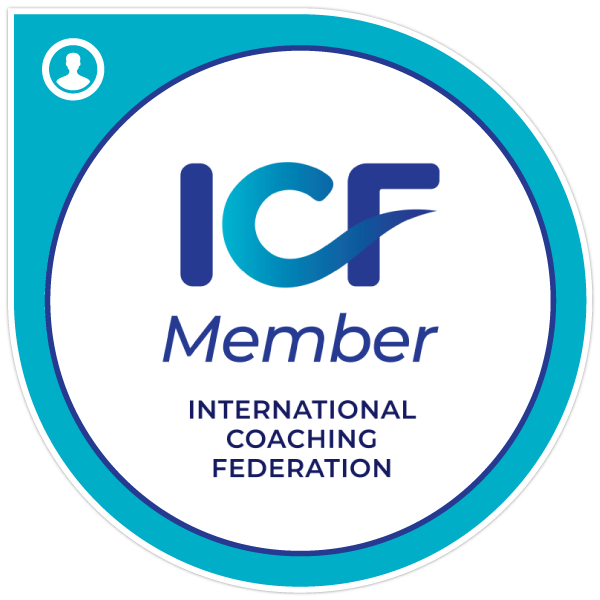 ICF member badge with blue border and text.